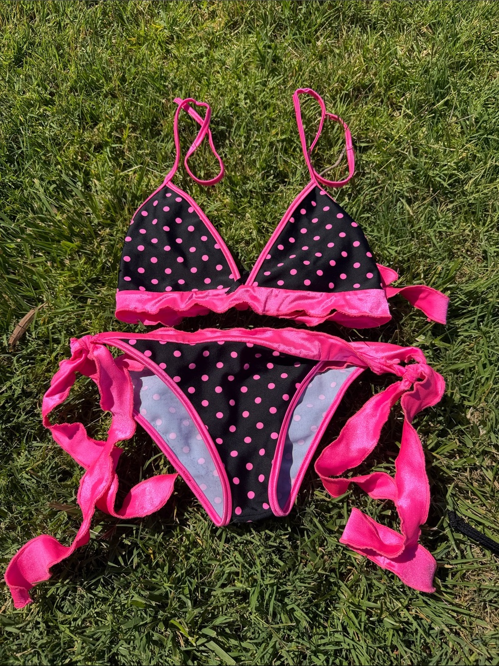 Black & Hot Pink Polka Dot Triangle Bikini - Ladies Swim Set